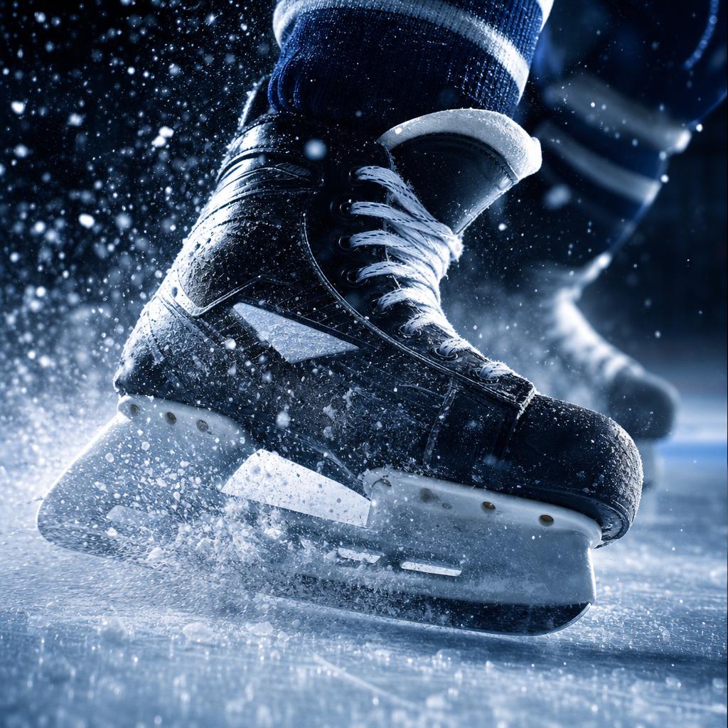 A hockey skate cutting into the ice